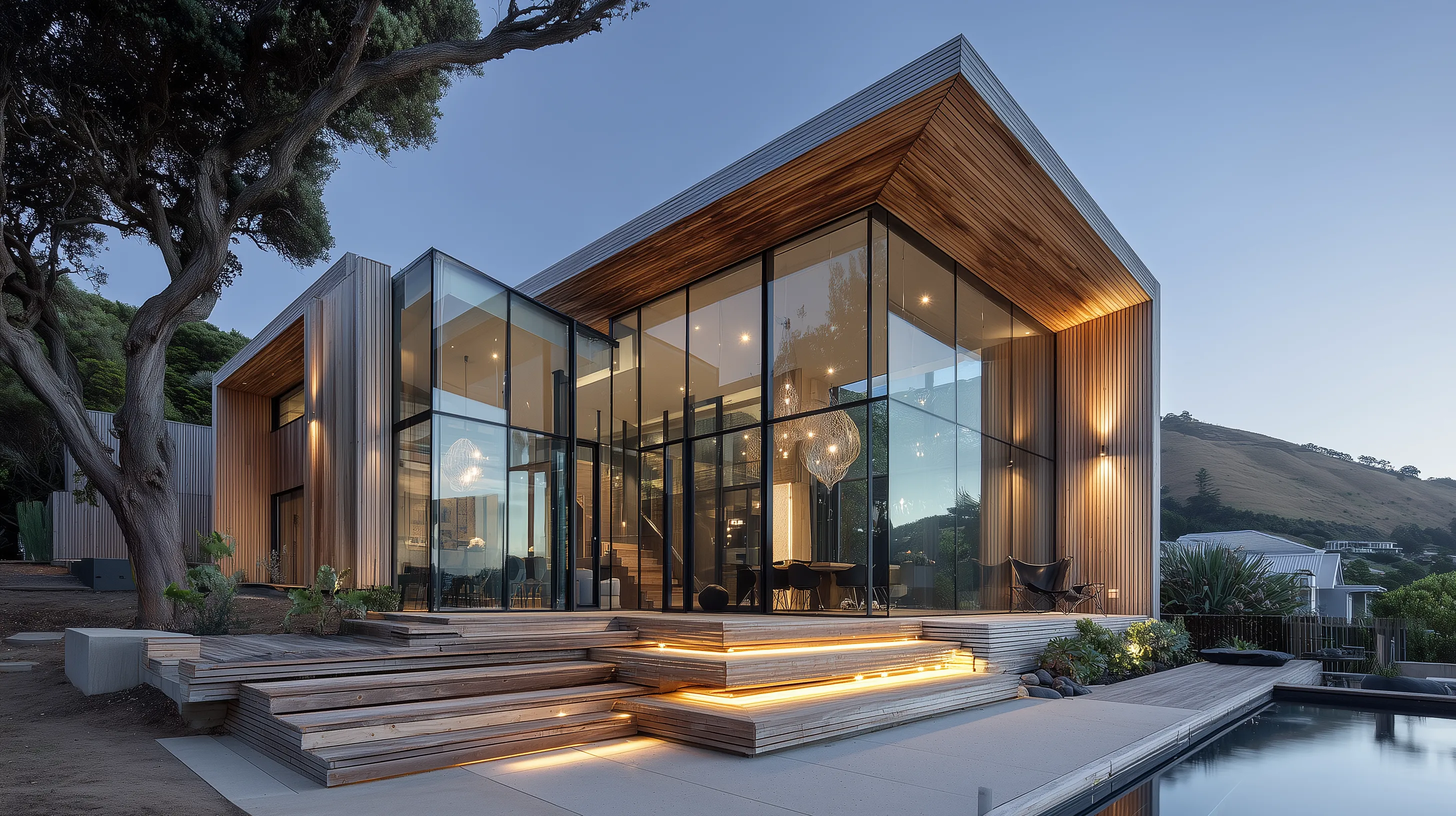 Arquitetura residencial contemporânea com madeira, vidro e iluminação quente