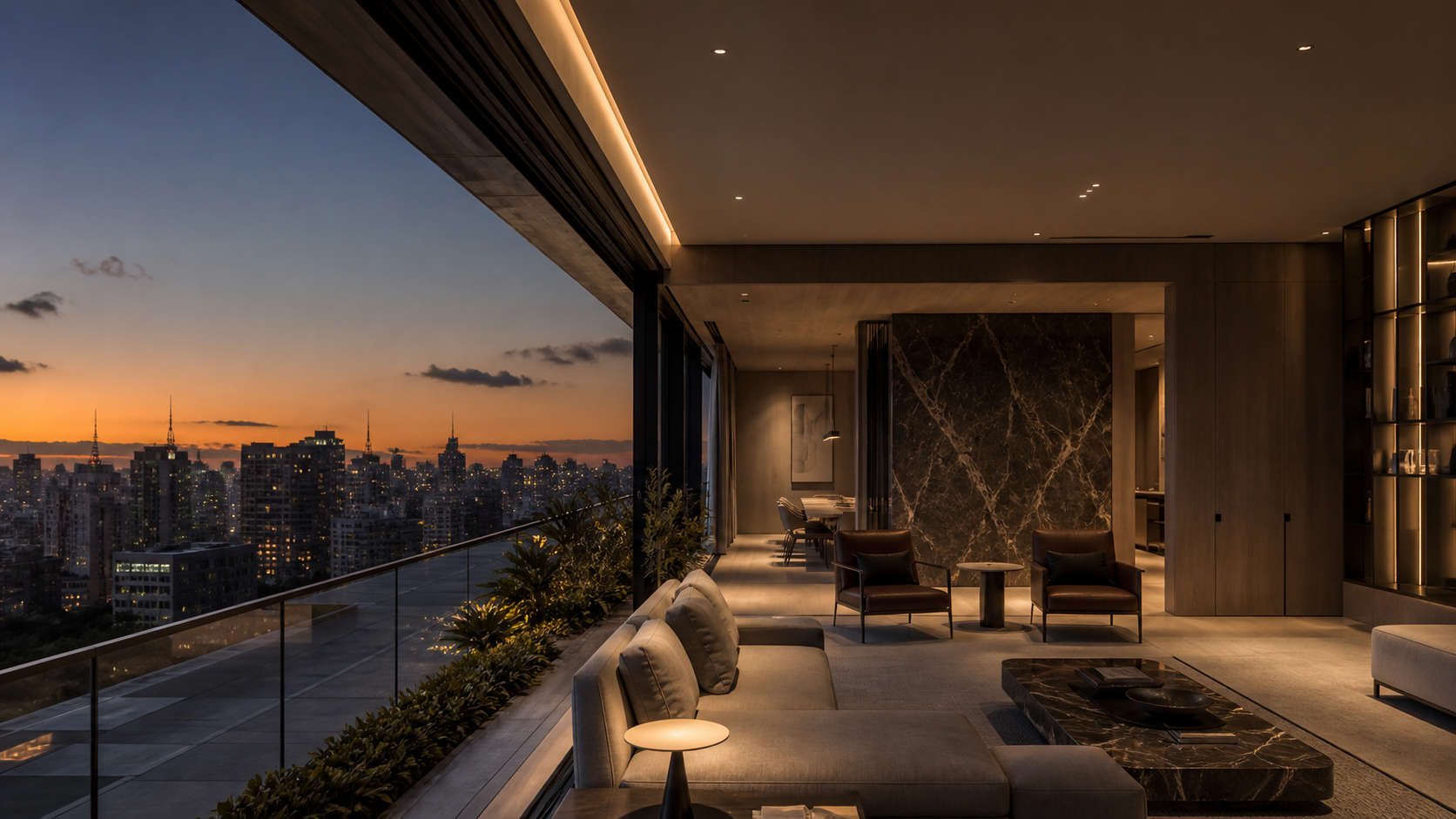 Cobertura contemporânea de alto padrão em São Paulo ao entardecer
