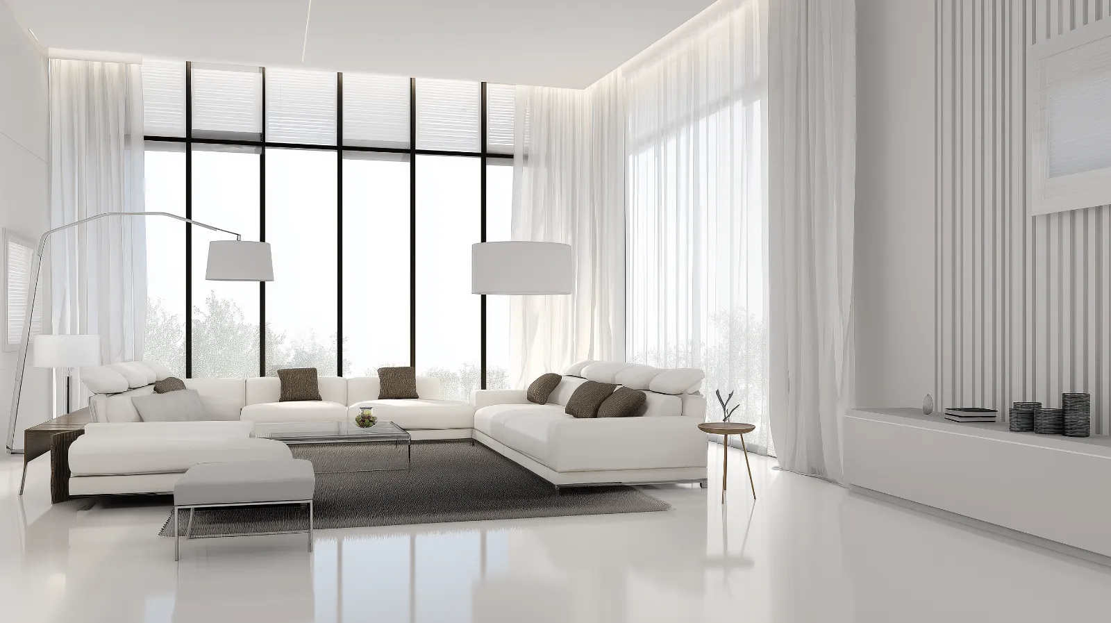 Interior residencial sofisticado com materiais nobres e luz indireta